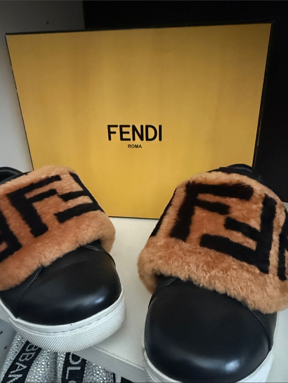 Fendi Black Leather Slides with Brown Logo Shearling Strap